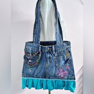 Women’s Handmade/Upcycled Denim Shoulder Bag, Boho/Hippie, Casual, Embroidered
